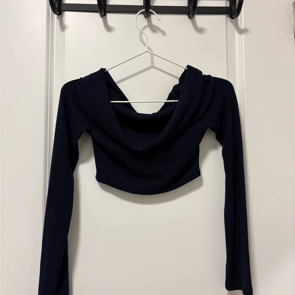 Off the shoulder Long Sleeve Cropped Top - Navy